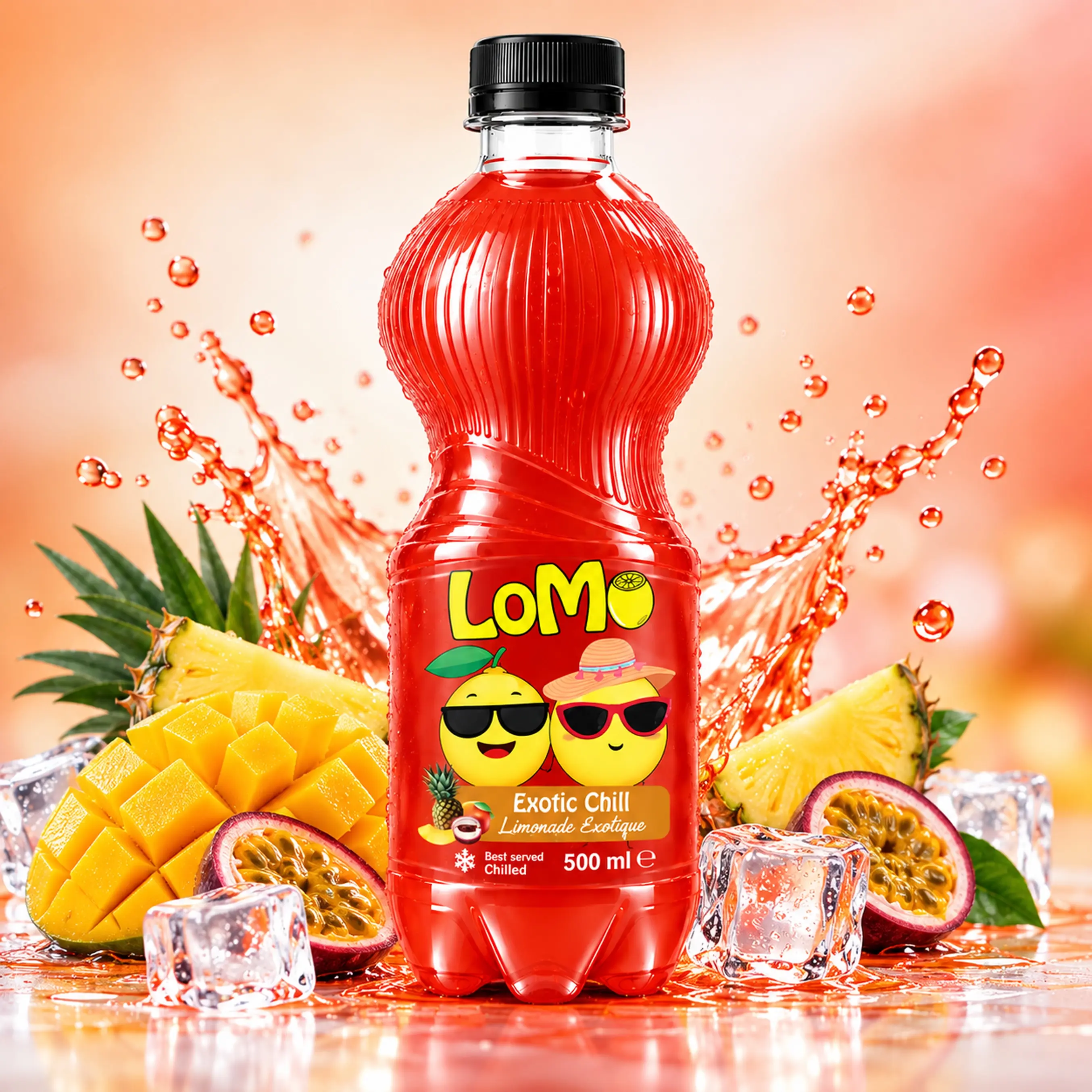 LOMO Exotic Chill 500ml lemonade bottle with mango, pineapple, passion fruit and ice cubes.
